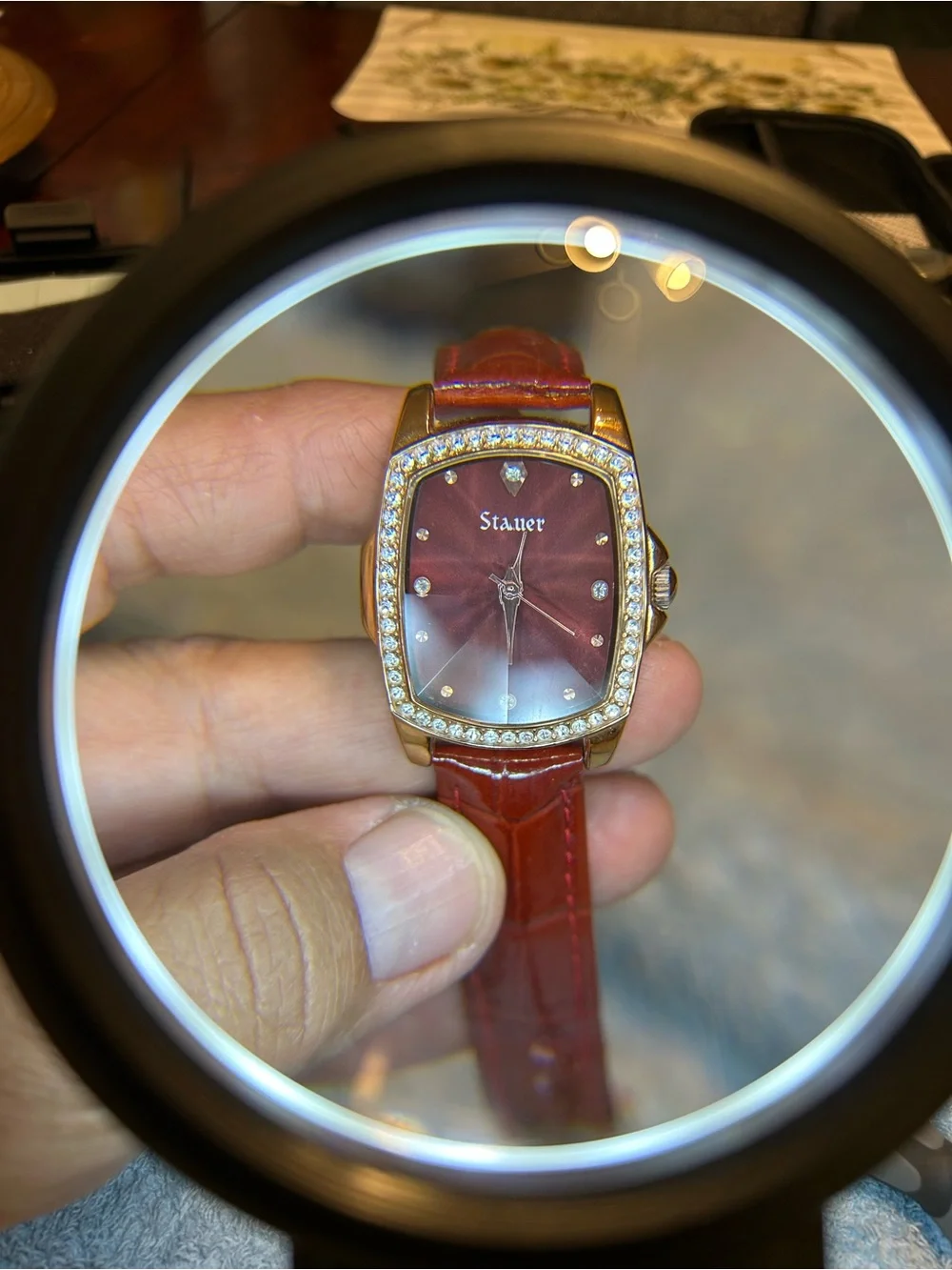 Stauer Women's Burgundy Sunray Dial Crystal-Accent Gold-Tone Watch 51464 Analog